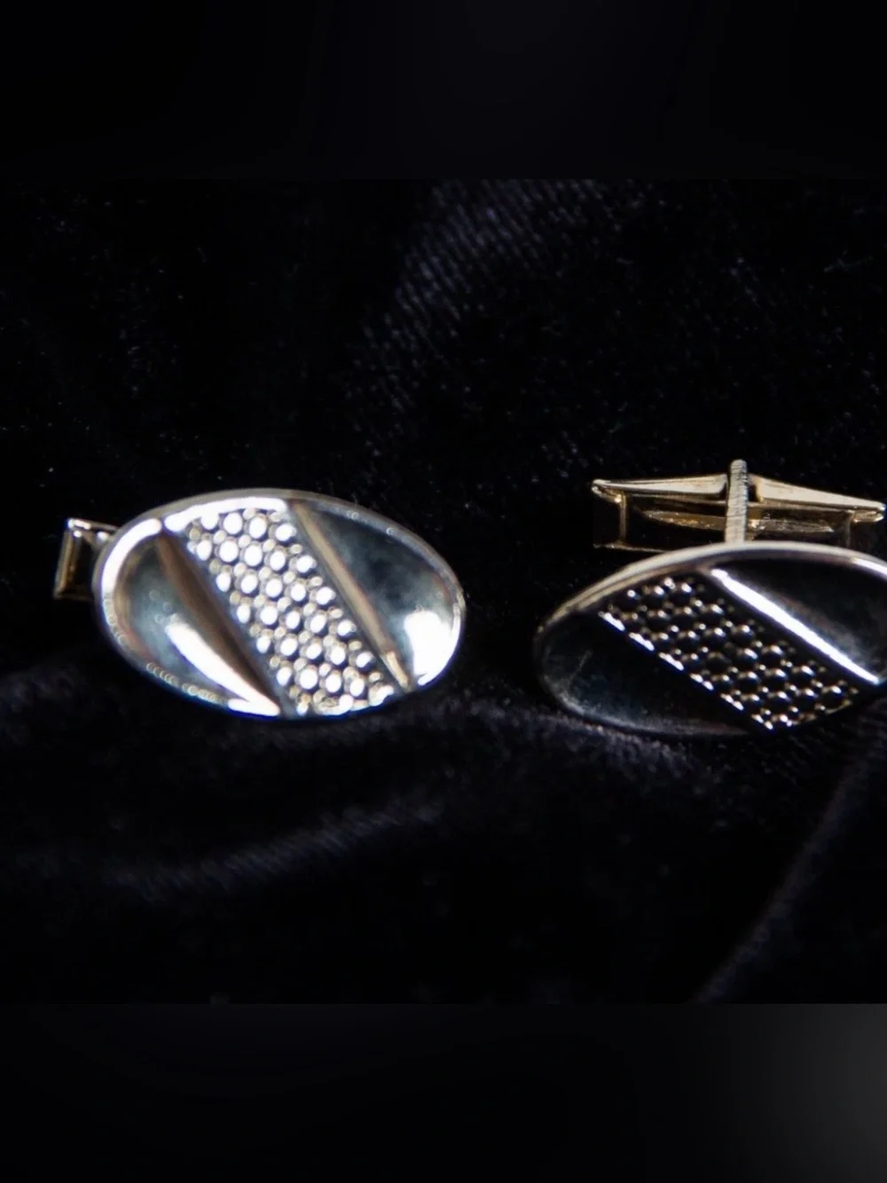 Silver Tone Oval Cufflinks Textured with Diagonal Stripes